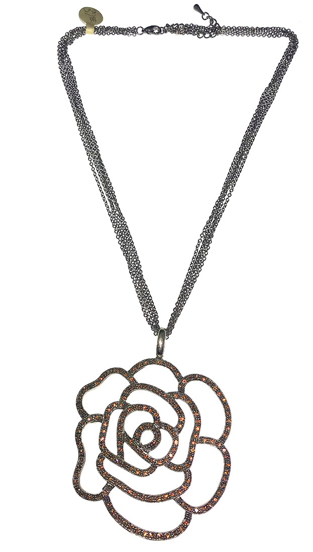  ShopAA Jewelry Brown Rhinestone Rose Flower Cutout Necklace 
