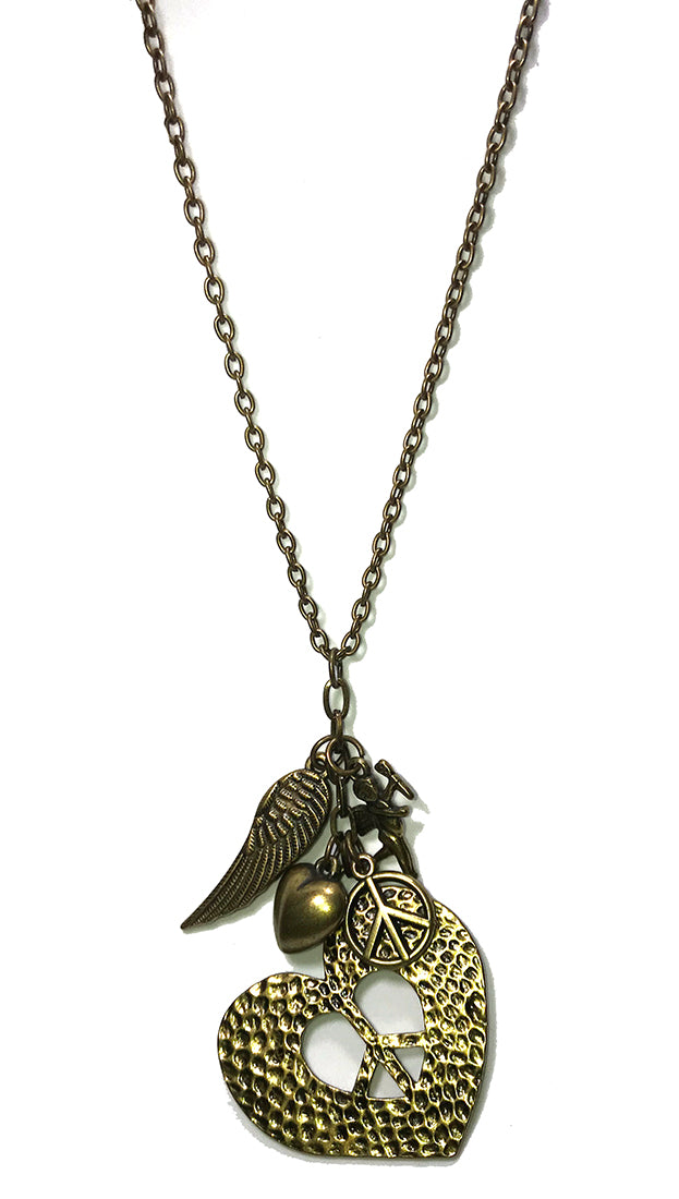  ShopAA Jewelry Peace & Love Heart Cupid Charm Necklace Antique Gold 