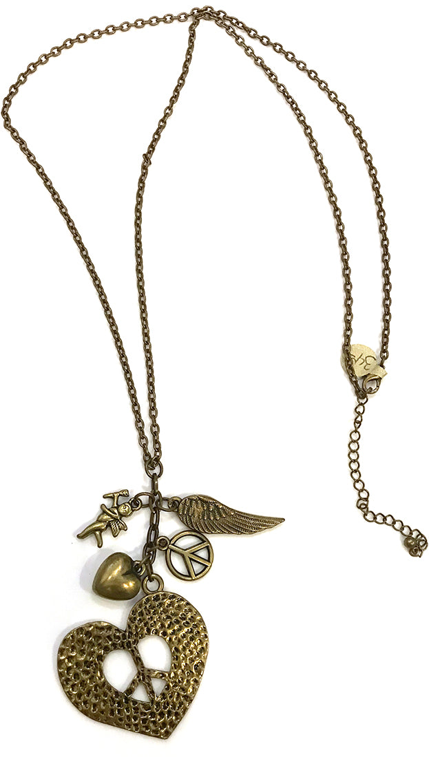  ShopAA Jewelry Peace & Love Heart Cupid Charm Necklace Antique Gold 