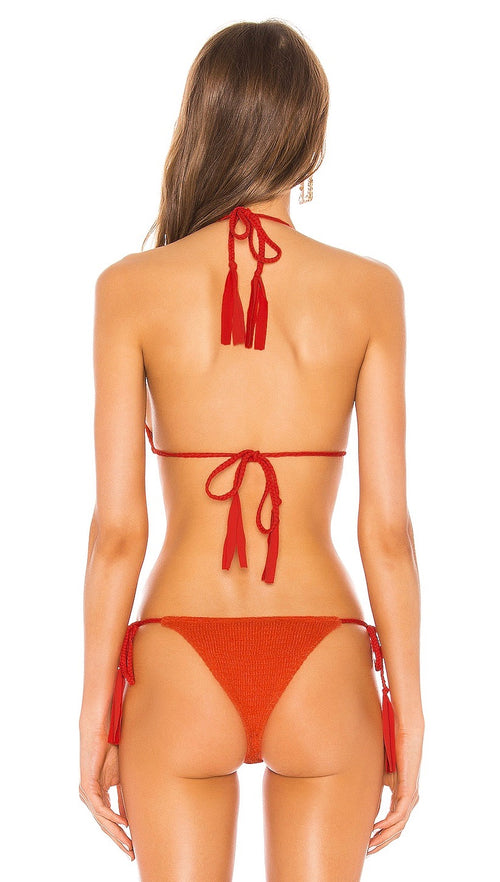 Indah Tahiti Solid Ruched String Bikini Top Coral Cut Out  | ShopAA