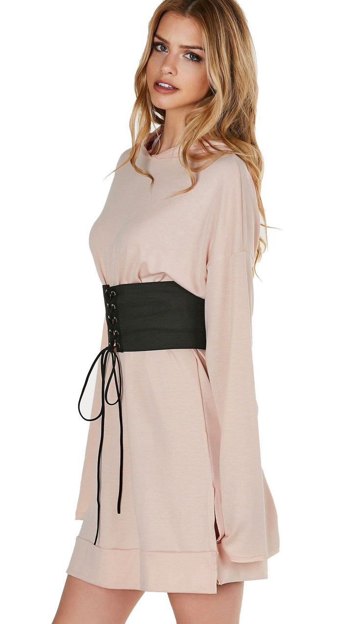 Robbin Hood Tunic Corset Sweatshirt Dress Peach Pink Waist Sincher Pink
