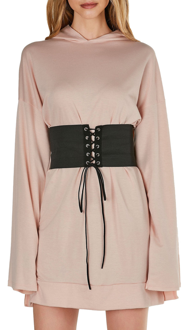 Tic Toc Hood Tunic Corset Sweatshirt Dress Peach Pink Long Sleeve Pink Hoody