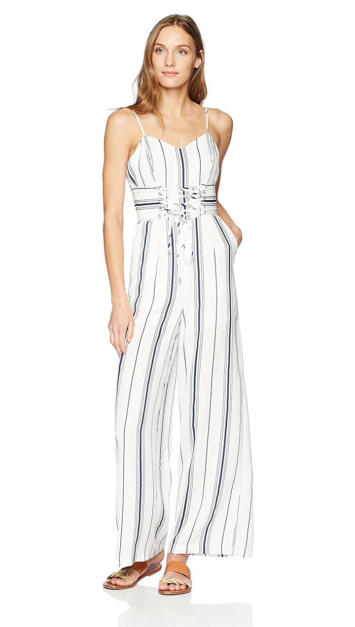 J.O.A. JOA Sleeveless Bustier Jumpsuit Corset Lace Up Belt White Navy Stripes