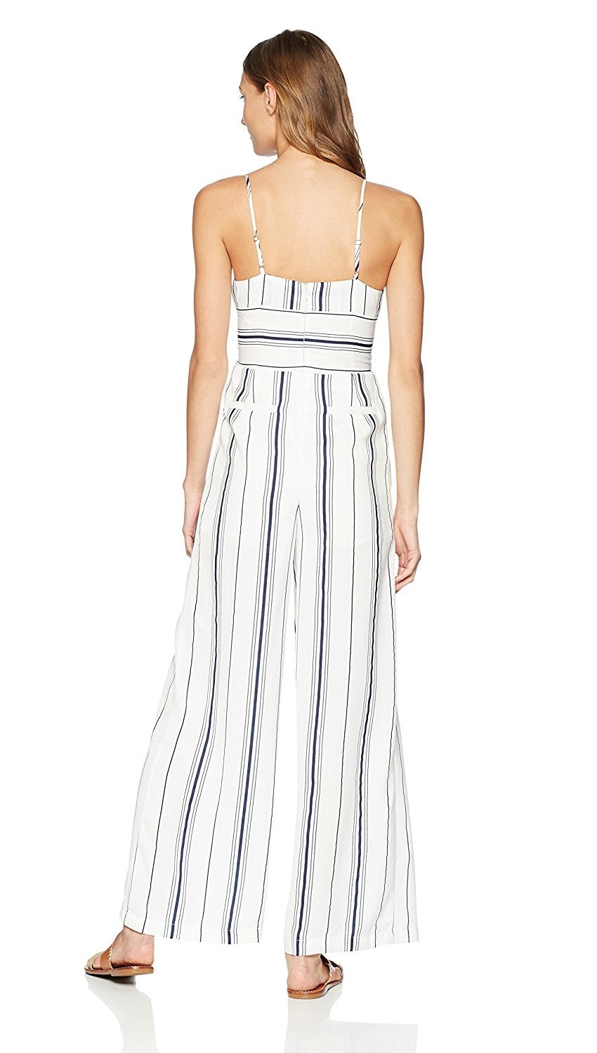 J.O.A. Sleeveless Bustier Jumpsuit Corset Lace Up Belt White Navy Stripes