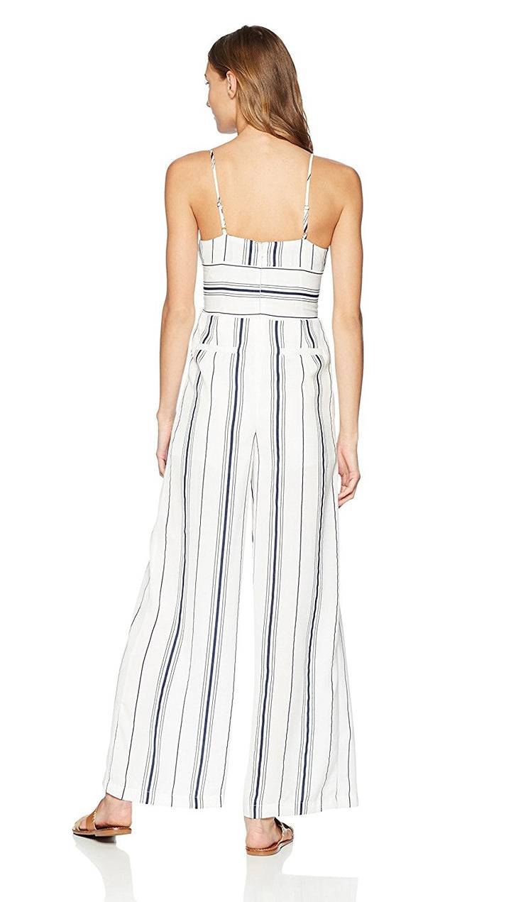 J.O.A. Sleeveless Bustier Jumpsuit Corset Lace Up Belt White Navy Stripes
