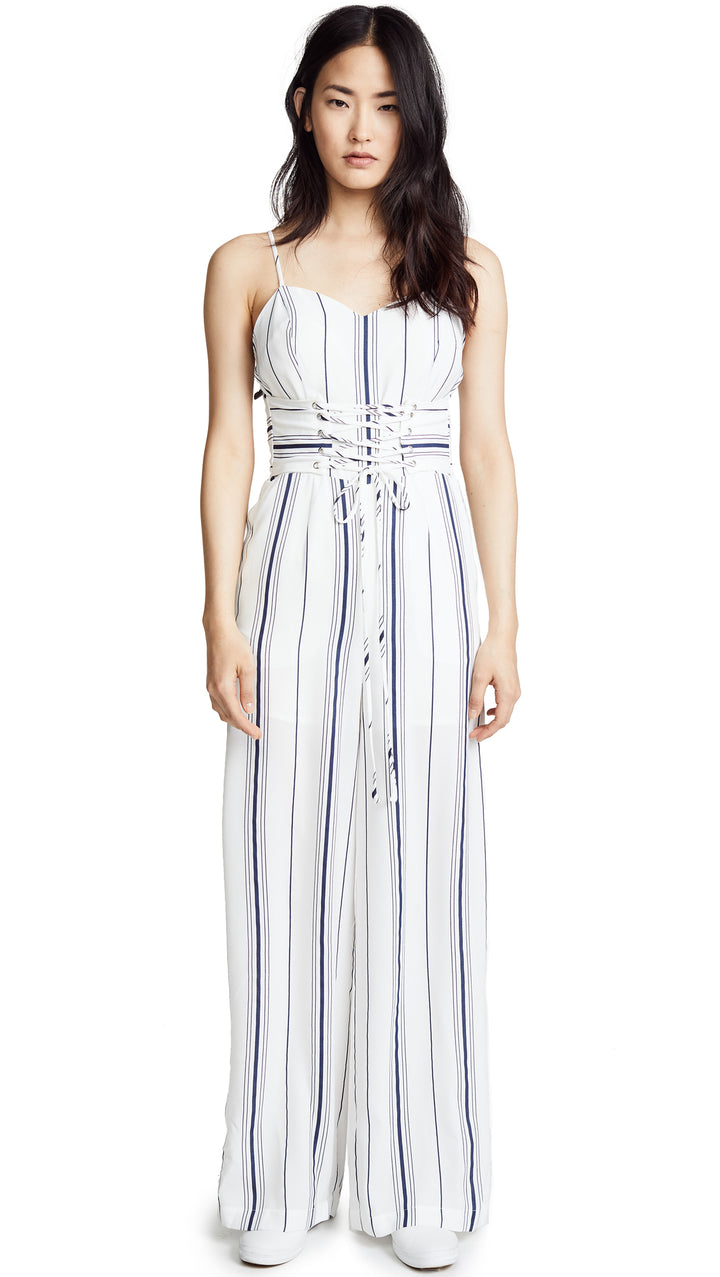 J.O.A. Sleeveless Bustier Jumpsuit Corset Lace Up Belt White Navy Stripes