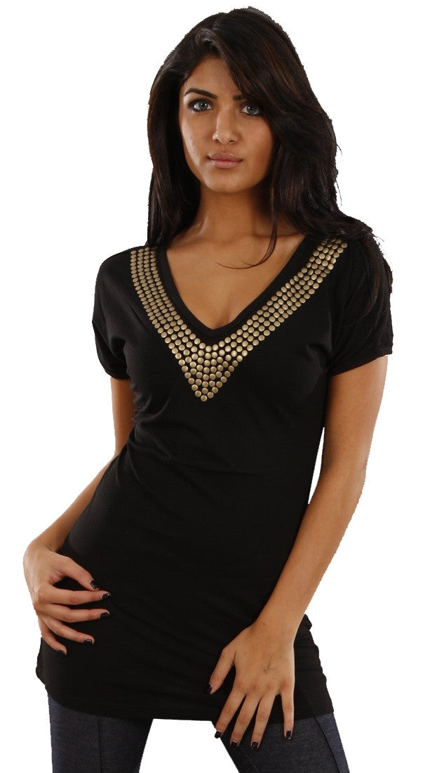 Jessyka Robyn Studded V Neck Tunic Tee in Black