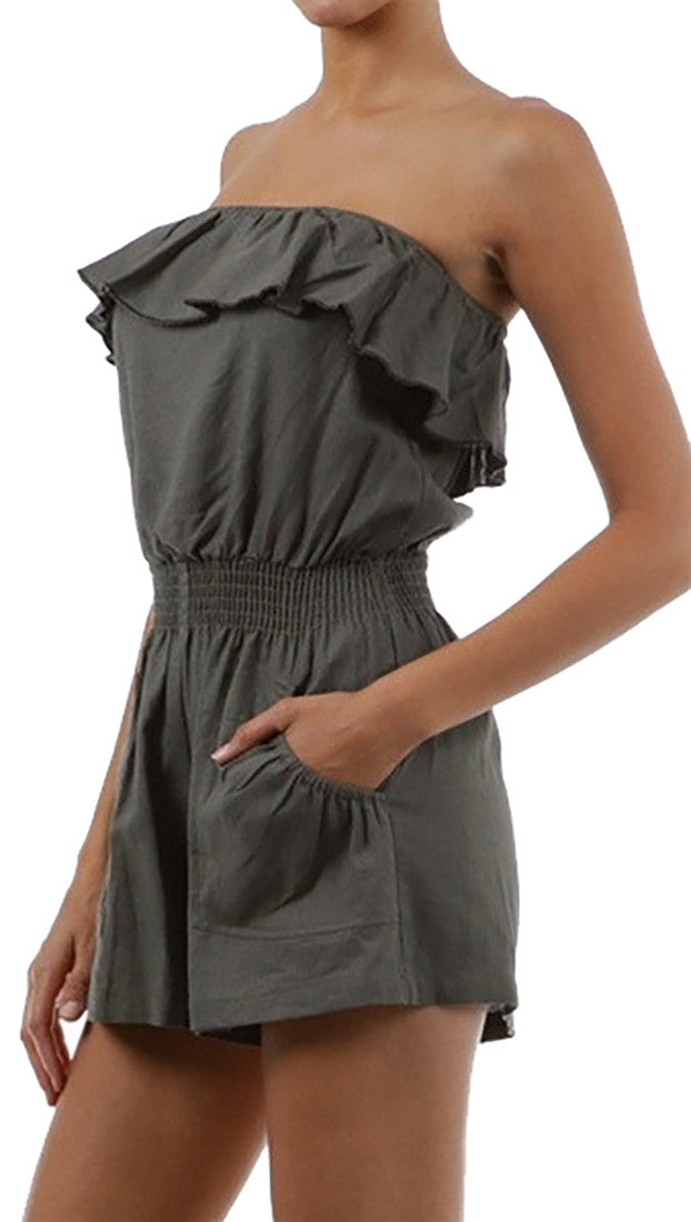 Jessyka Robyn Linen Tube Ruffle Romper in White