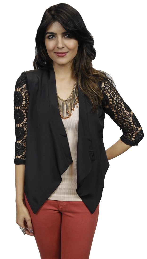 Jessyka Robyn Crochet Sleeve Blazer in Black