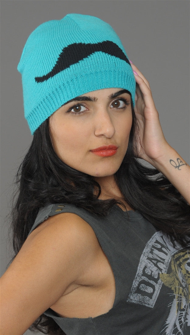 Mustache Knit Beanie Hat in Turquoise