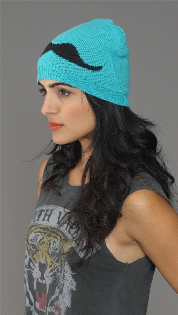 Mustache Knit Beanie Hat in Turquoise