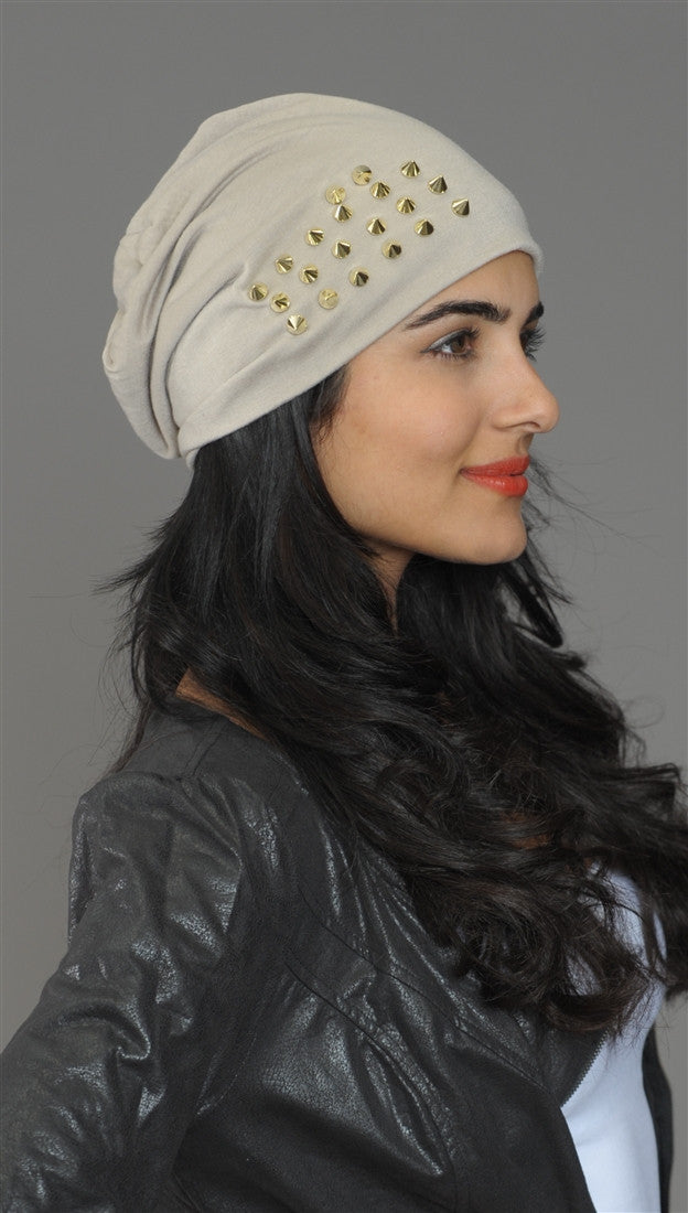 Spike Studded Beanie in Taupe