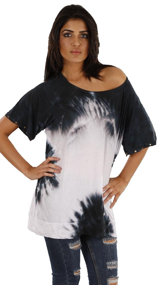 Jet John Eshaya Tie Dye Stud Sleeves Off Shoulder Tee Shirt 