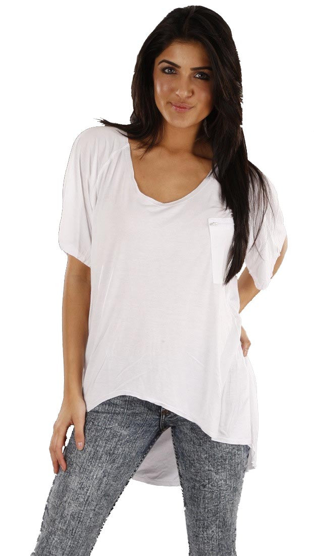 Jet John Eshaya Zip Pocket Uneven Hem Oversized Tee Shirt in White 