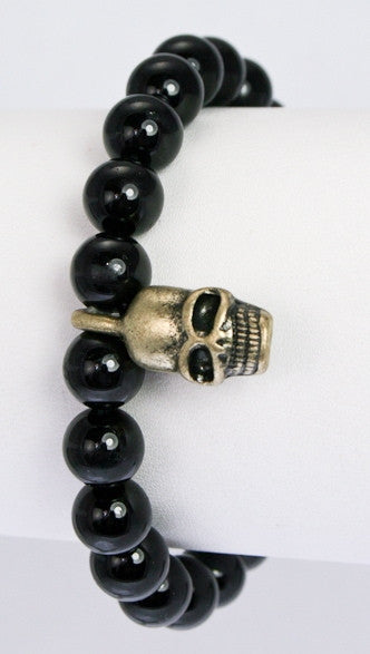 Semi Precious Stone Beads w/ Metal Skull Pave Ball in Black
