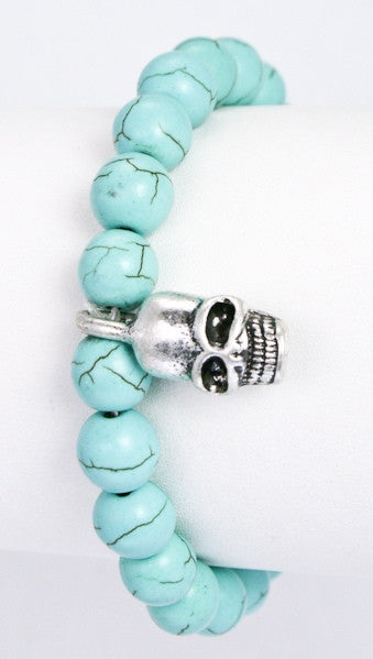 Semi Precious Stone Beads w/ Metal Skull Pave Ball in Turquoise