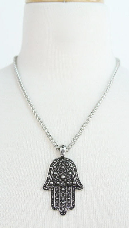 Hamsa Rhinestud Charm Necklace in Antique Silver