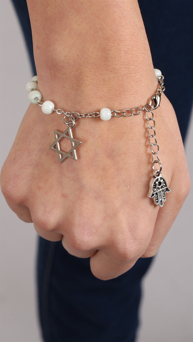 Jewish Rosary Beads Star & Hamsa Bracelet in White