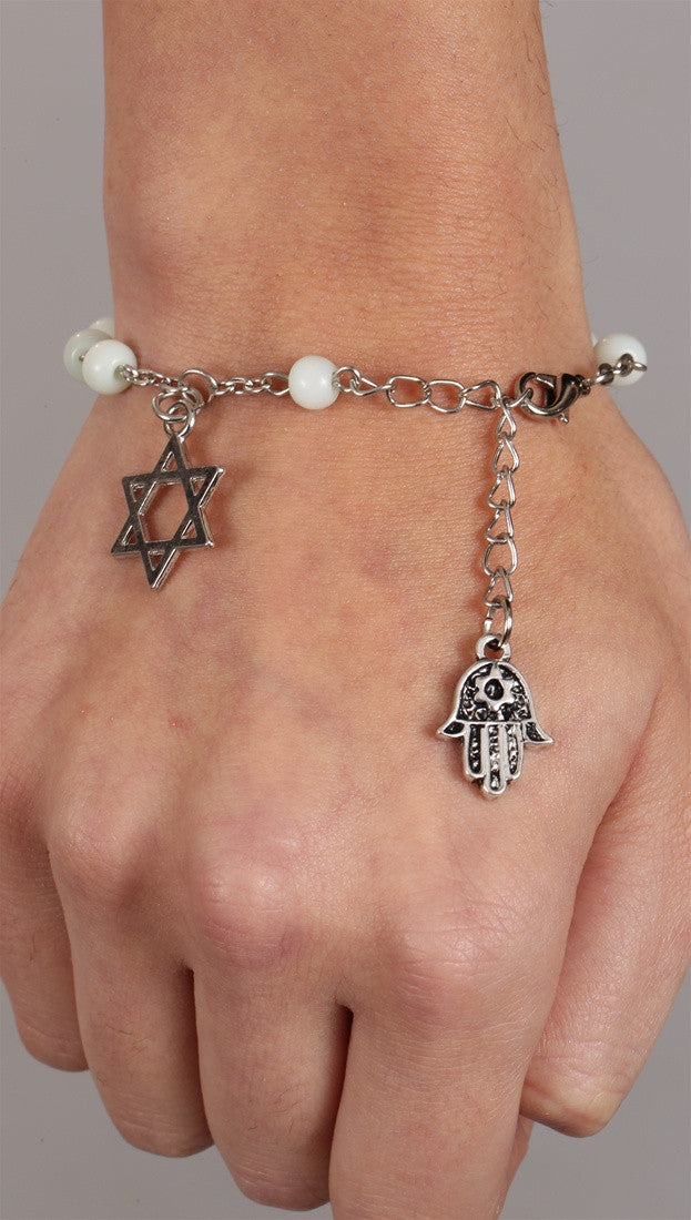 Jewish Rosary Beads Star & Hamsa Bracelet in White