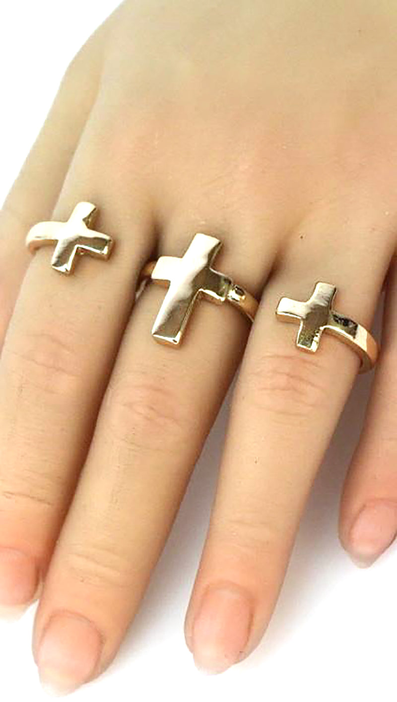 Three Finger Cross Accent Ring in Gold or Silver