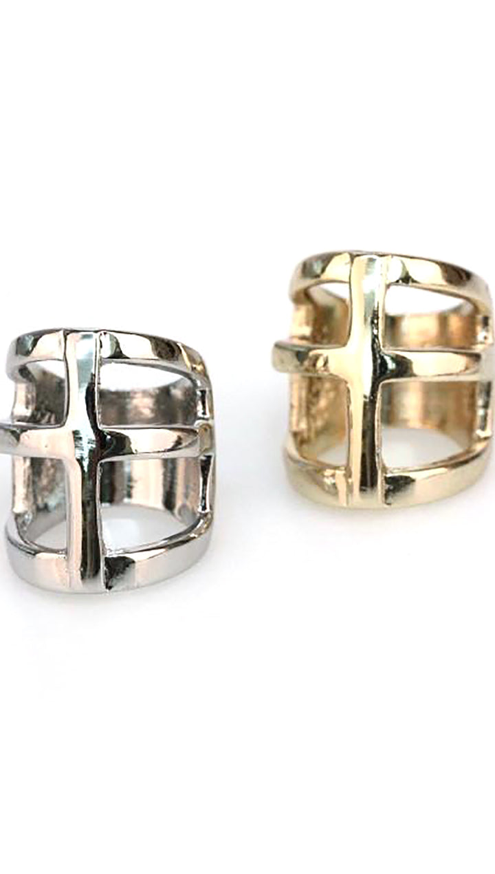 Wide Cutout Ring with Center Cross in Gold or Silver