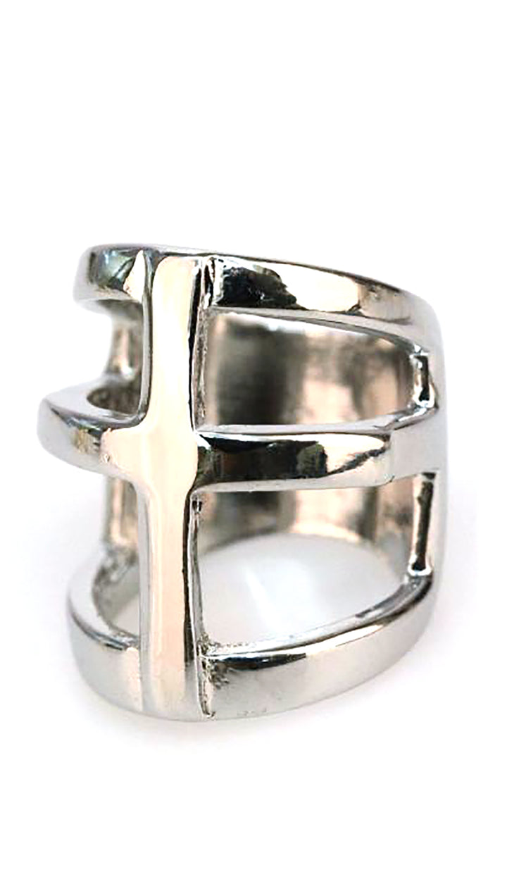 Wide Cutout Ring with Center Cross in Gold or Silver