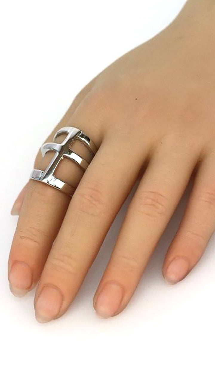 Wide Cutout Ring with Center Cross in Gold or Silver