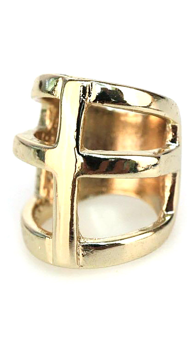 Wide Cutout Ring with Center Cross in Gold or Silver