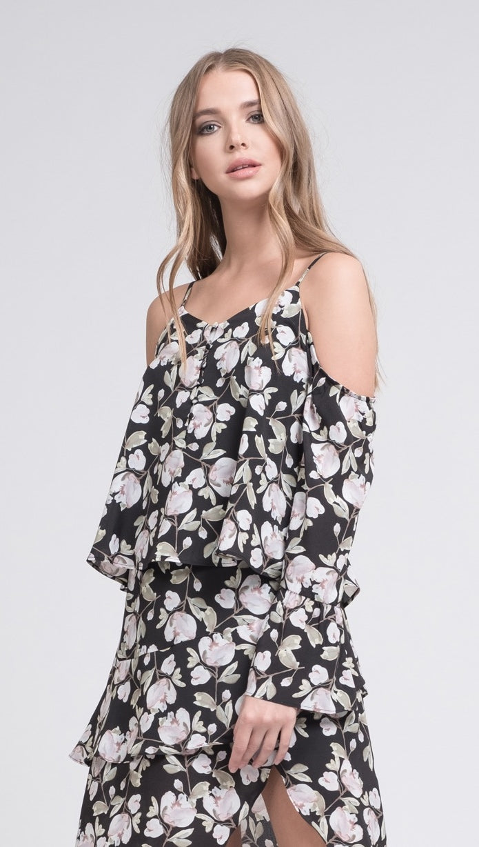 JOA Button Front Cold Shoulder Flare Top Black Floral ShopAA