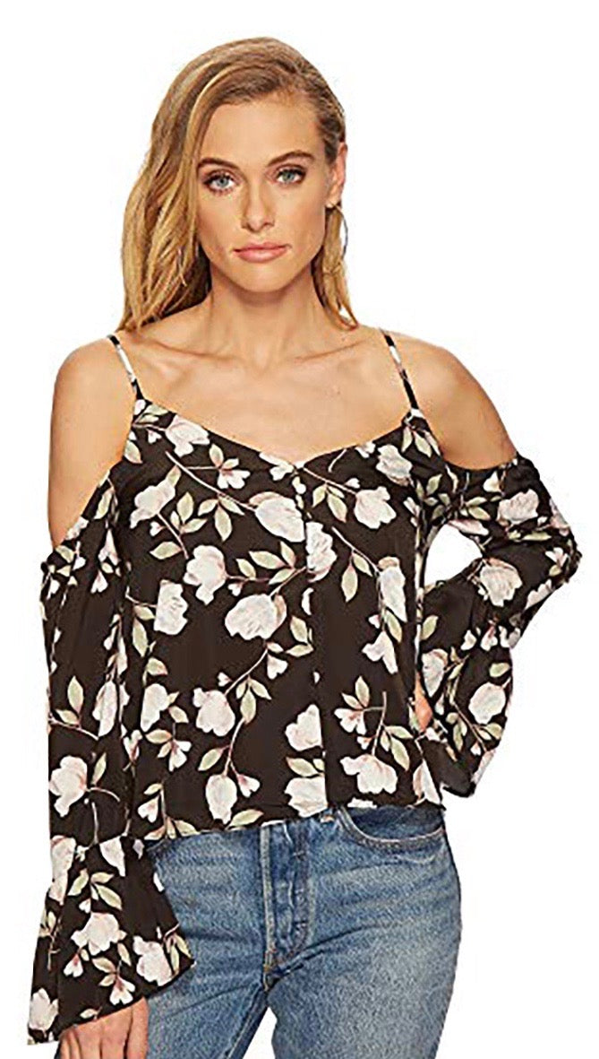 JOA Button Front Cold Shoulder Flare Top Black Floral ShopAA