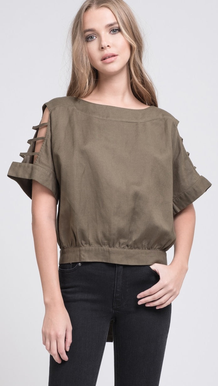 JOA olive green blouse with square sleeves and cut out details on the arms