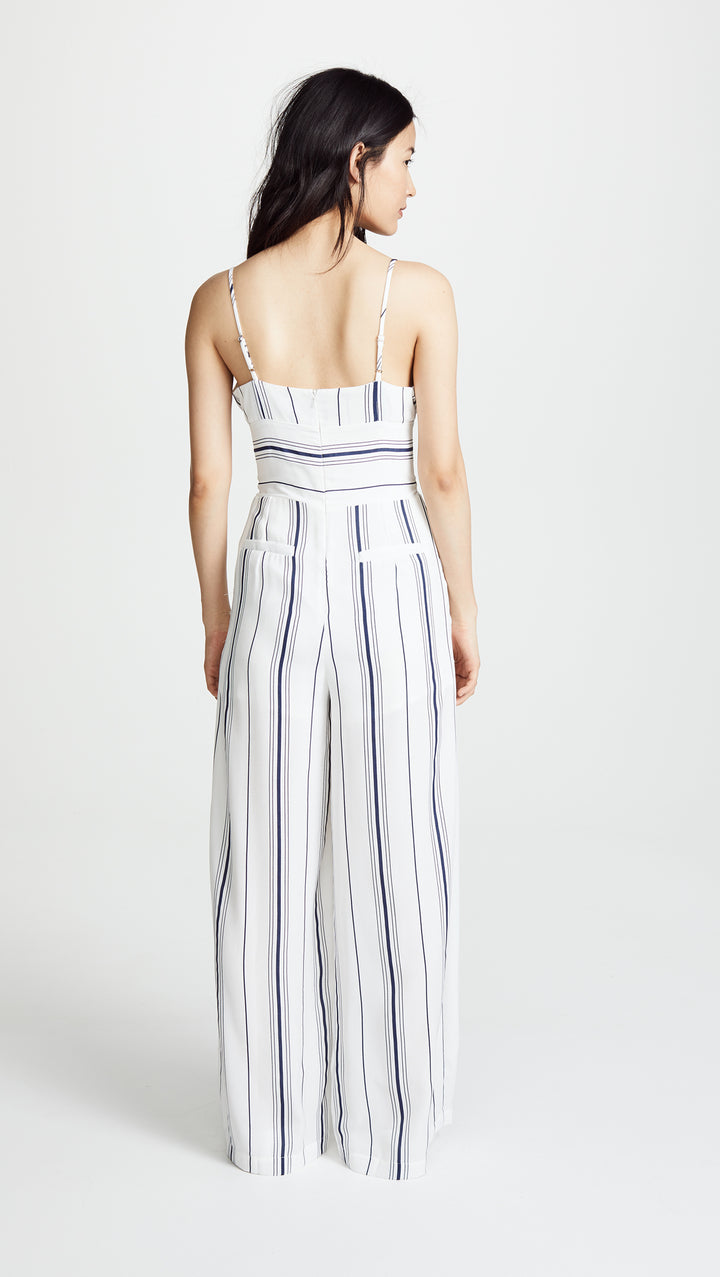 JOA Sleeveless Bustier Jumpsuit Corset Lace Up Belt White Navy Stripes