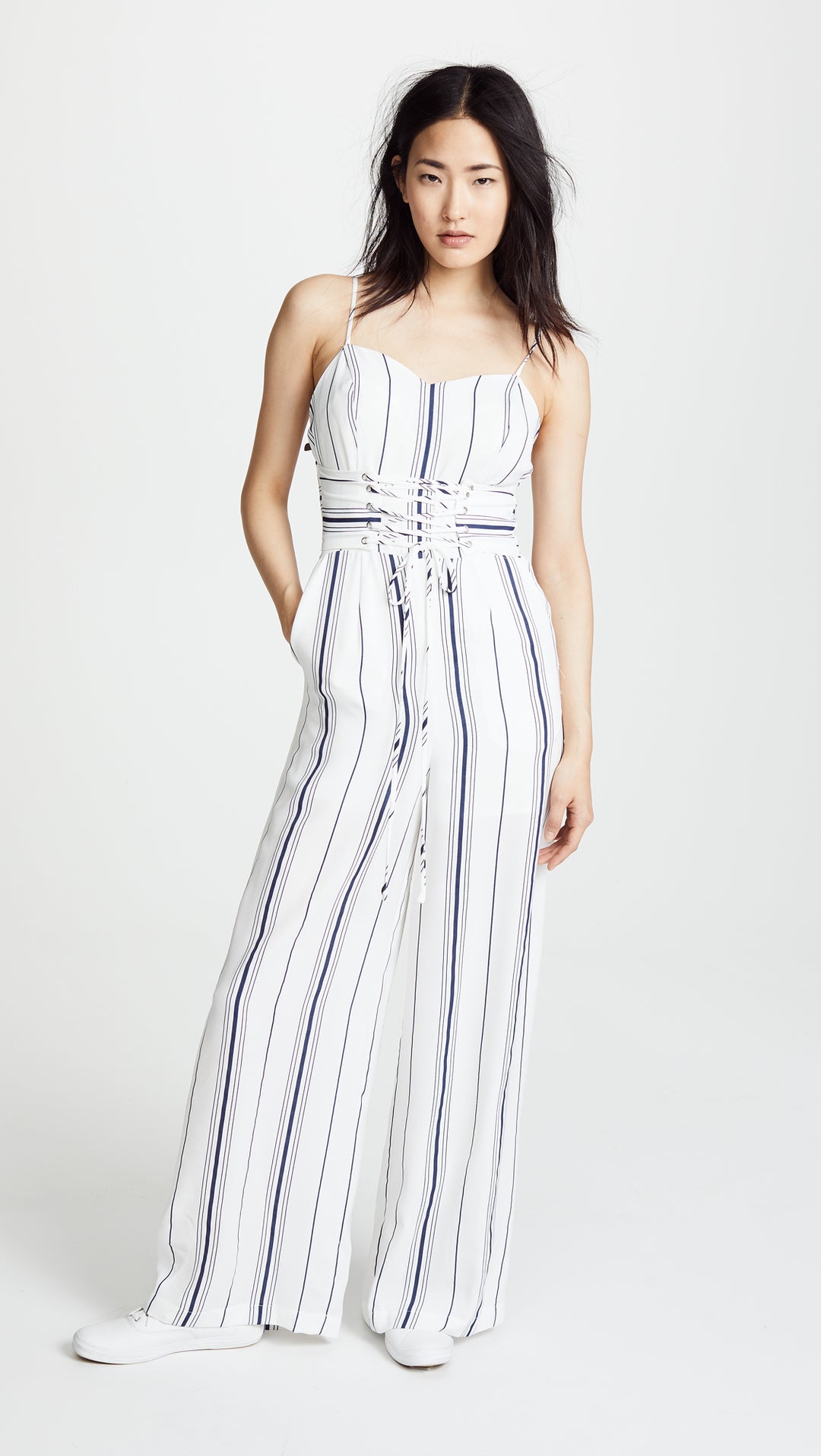 JOA Sleeveless Bustier Jumpsuit Corset Lace Up Belt White Navy Stripes