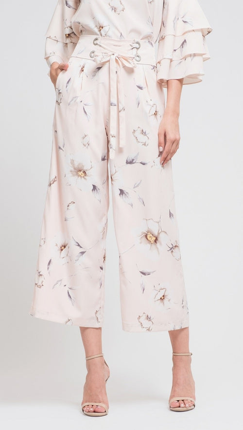 JOA Wide Leg Crop Pants Corset Lace-Up Waist Belt Blush Floral Print