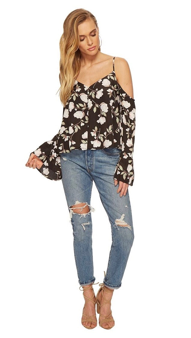 JOA Button Front Cold Shoulder Flare Top Black Floral ShopAA