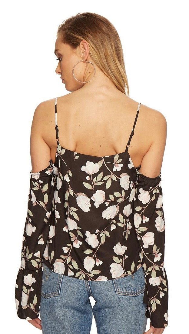 JOA Button Front Cold Shoulder Flare Top Black Floral ShopAA