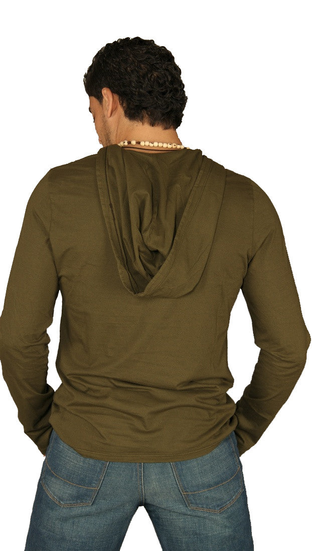 Kanvis Mens V Neck Long Sleeve Soft Thin Tee Shirt Hoody Olive Green