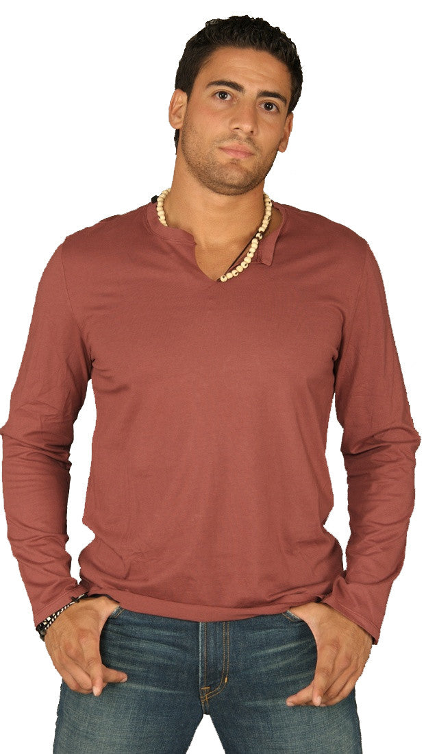 Kanvis Mens Split Neck Long Sleeve Tee Shirt Crimson Red
