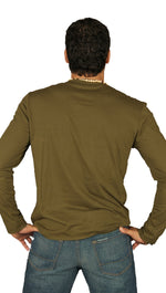 Kanvis Mens Split Neck Long Sleeve Tee Shirt Olive Green