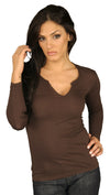 Kanvis Womens Split Neck V Neck Long Sleeve Tee Shirt Chocoloate Brown 