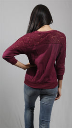Kimberlina 3/4 Sleeve Top w/ Lace Insert in Burgundy