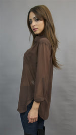 Jessyka Robyn Sheer Buttondown Tunic in Brown