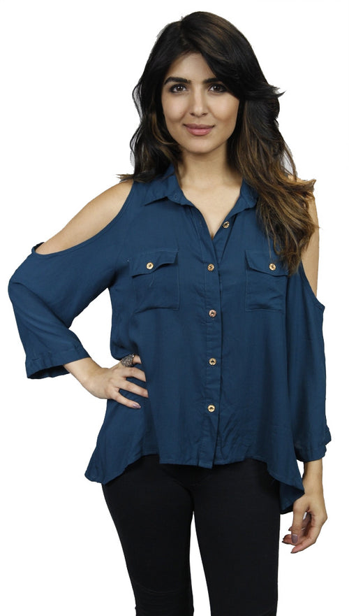Cold Shoulder Cut Out Buttondown Blouse in Teal