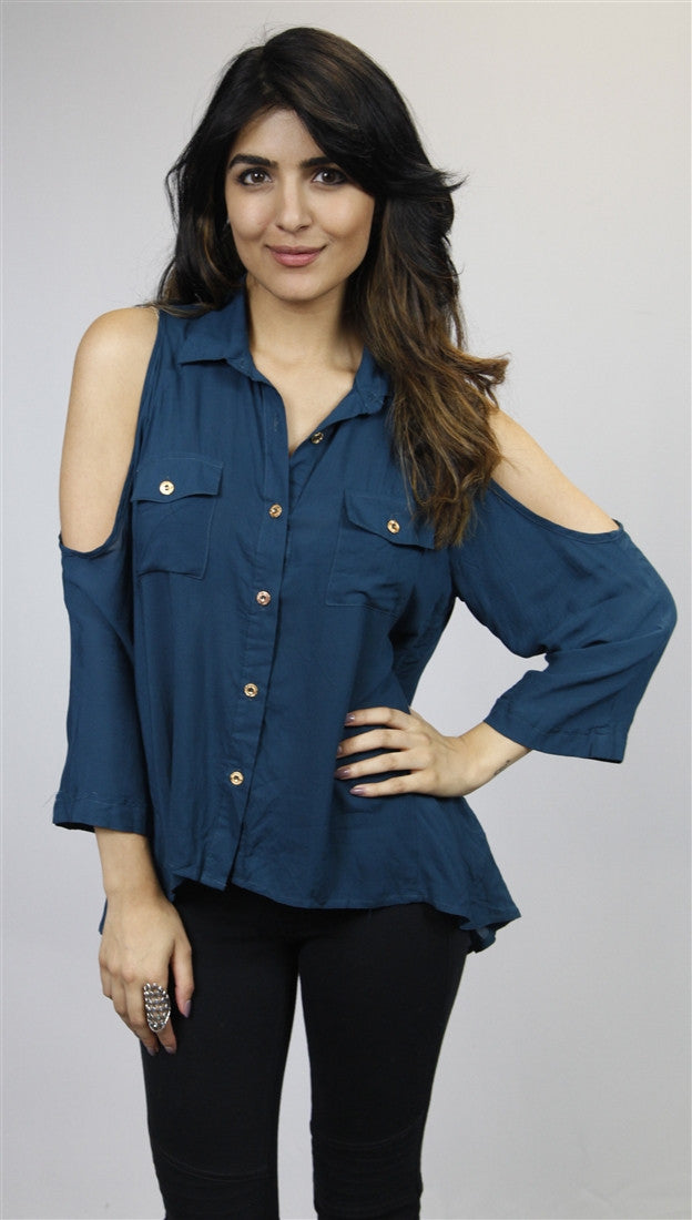 Jessyka Robyn Open Shoulder Buttondown in Teal