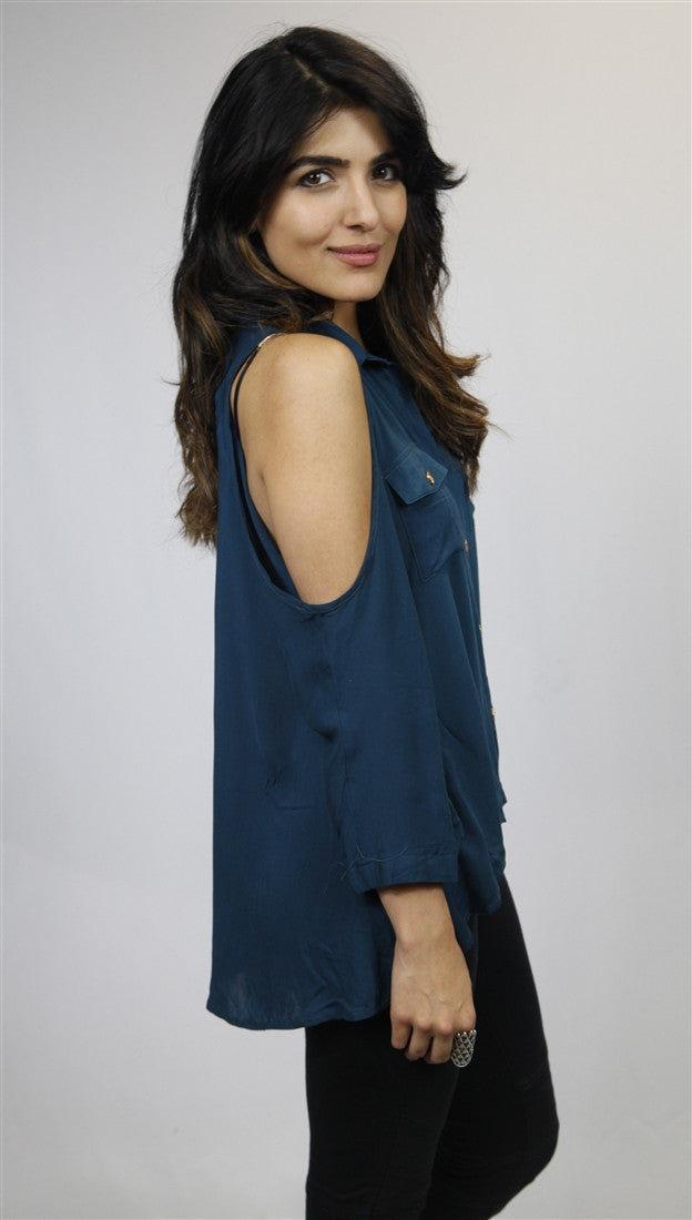 Jessyka Robyn Open Shoulder Buttondown in Teal