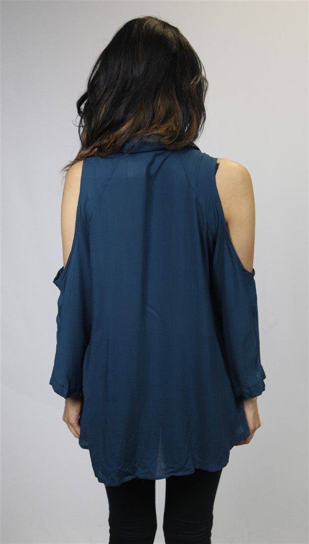 Jessyka Robyn Open Shoulder Buttondown in Teal