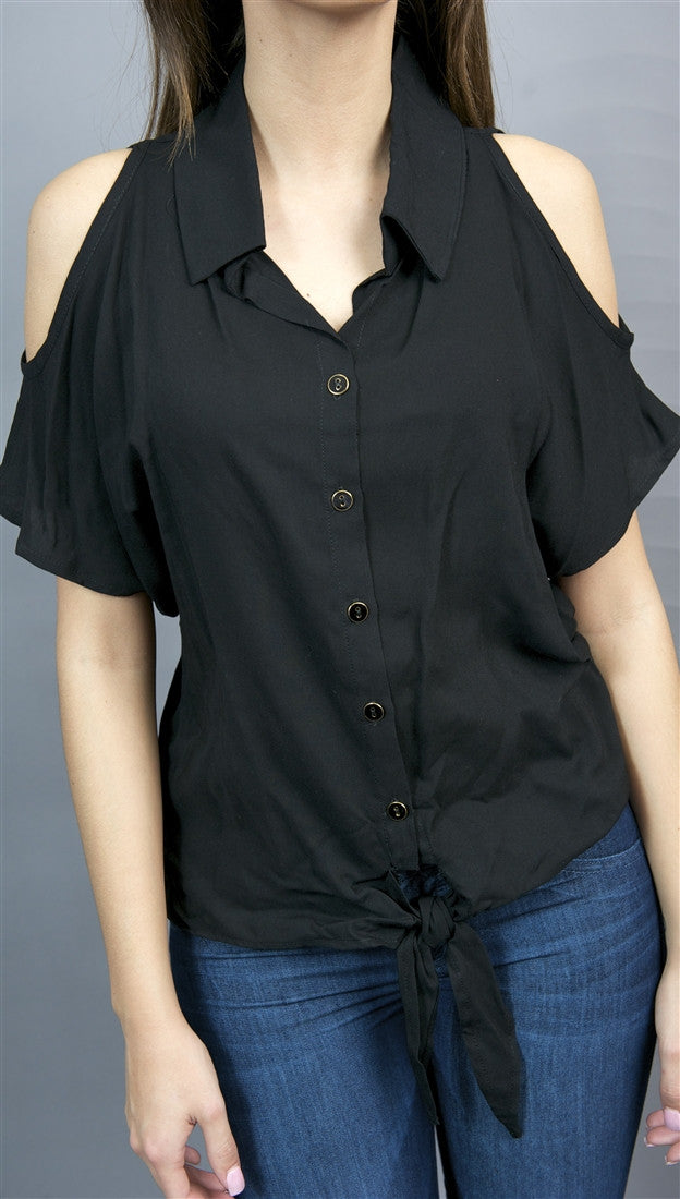 Jessyka Robyn Open Shoulder Tie Buttondown in Black