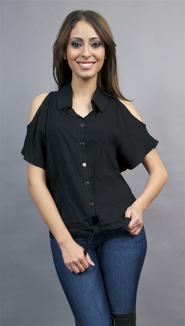 Jessyka Robyn Open Shoulder Tie Buttondown in Black