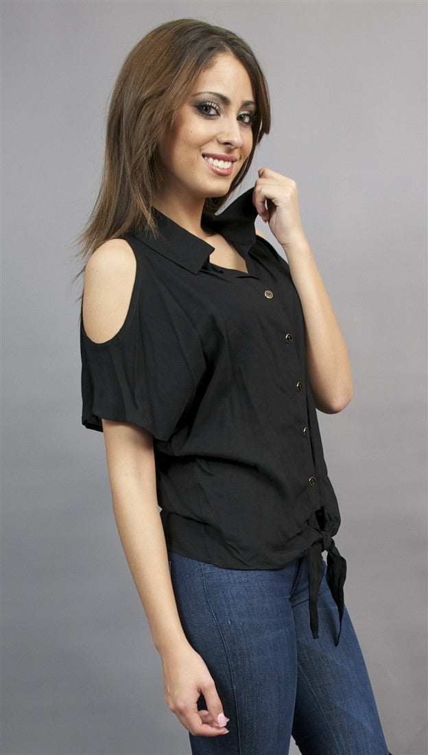 Jessyka Robyn Open Shoulder Tie Buttondown in Black