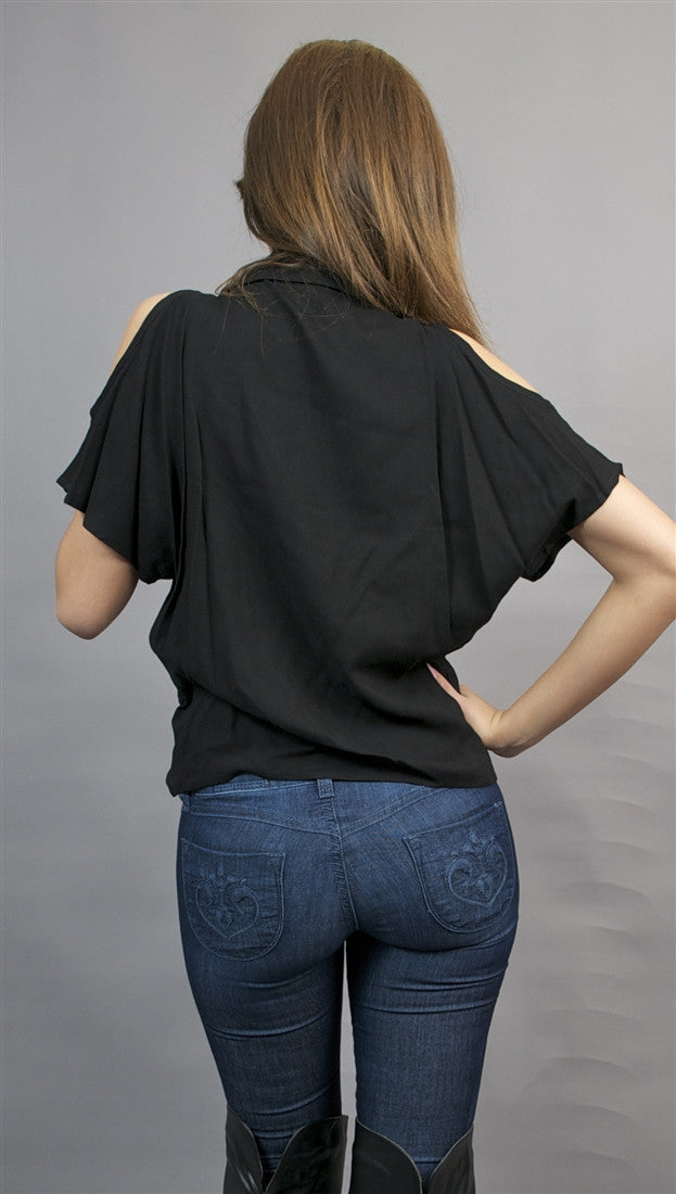 Jessyka Robyn Open Shoulder Tie Buttondown in Black